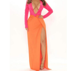 Hot Pink and Orange Maxi Dress V Neck Long Sleeve