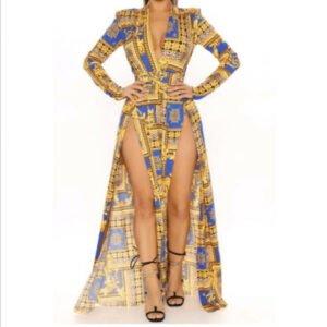 Yellow Pattern Long Sleeve Maxi Dress V Neck