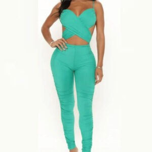 Green Jumpsuit Spaghetti Straps Ruched Wrap Top