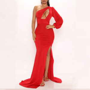 Red Maxi Dress One Shoulder Long Balloon Sleeve